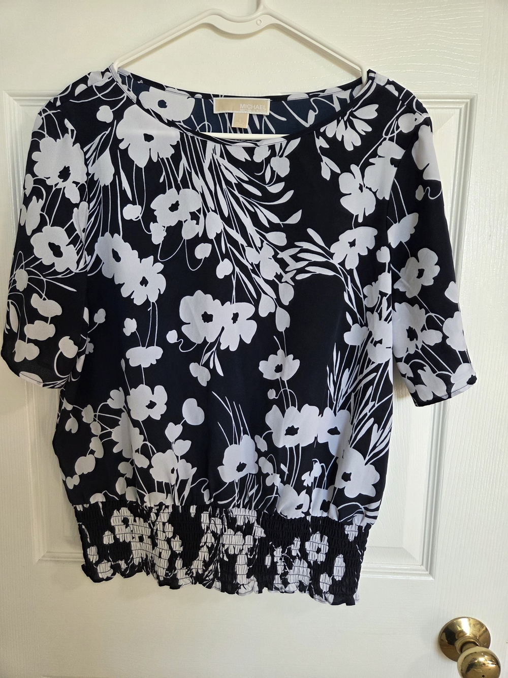 Michael Kors Blue and White Floral Short Sleeve Blouse with Smocked Hem